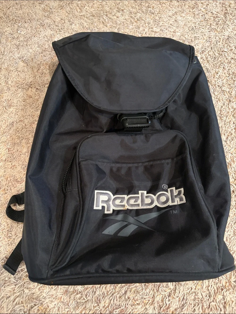 Reebok Black Backpack with Front Logo Pocket and Buckle Flap
